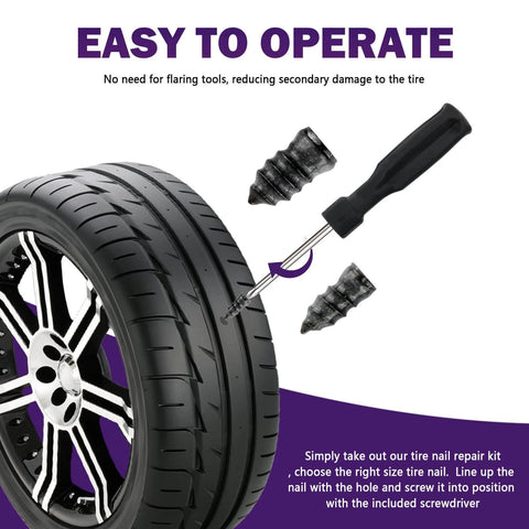 100PCS Car Tire Plug Kit,Practical Tire Screw Plug Repair Kit with Screwdriver/Tires Repair Rubber Nail for Quick Repairs, screwdriver inserting plug into tire