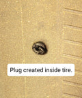 Close-up of a tire with a plug installed. 11-Piece Mini Tire Repair Kit All-In-One Fix A Flat For Car, Truck, Golf Cart.