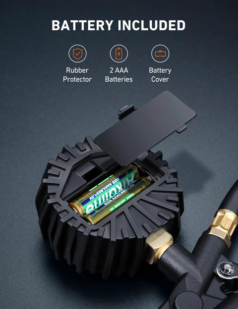 Battery compartment of Digital Tire Pressure Gauge With Inflator 3 to 250 PSI Air Chuck And Quick Connect Coupler Heavy Duty