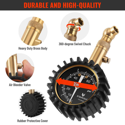 Tire Pressure Gauge 0-75 PSI With Large Glow Dial Calibrated To ANSI B40.1 Grade A Plus Minus 1 Percent for heavy duty vehicles