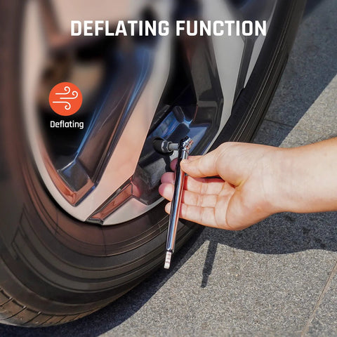 Pencil Tire Pressure Gauge 2 Pack With 16 Tire Caps Calibrated To ANSI B40.1 being used to deflate a car tire.