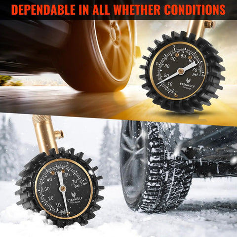Tire Pressure Gauge 0-75 PSI With Large Glow Dial Calibrated To ANSI B40.1 Grade A Plus Minus 1 Percent for all-weather use on vehicles
