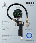 Tire Pressure Gauge With Inflator 0-100 PSI ANSI B40.1 Accuracy Large 2.5 Inch Glow Dial, black rubber hose, brass air chuck