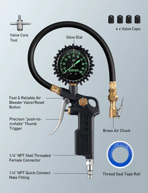 Tire Pressure Gauge With Inflator 0-100 PSI ANSI B40.1 Accuracy Large 2.5 Inch Glow Dial, black rubber hose, brass air chuck