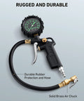 Tire Pressure Gauge With Inflator 0-100 PSI ANSI B40.1 Accuracy Large 2.5 Inch Glow Dial, heavy duty air chuck, rubber hose