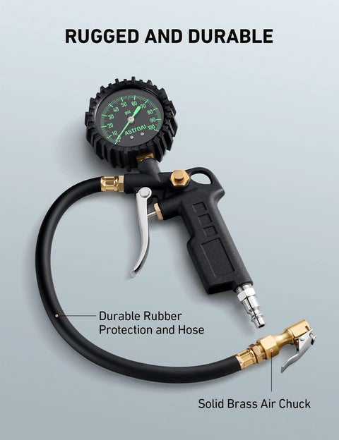 Tire Pressure Gauge With Inflator 0-100 PSI ANSI B40.1 Accuracy Large 2.5 Inch Glow Dial, heavy duty air chuck, rubber hose