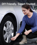 Woman checking tire with TM7 Wireless Tire Pressure Monitoring System With 4 External Sensors And 6 Alarm Modes Colorful Display