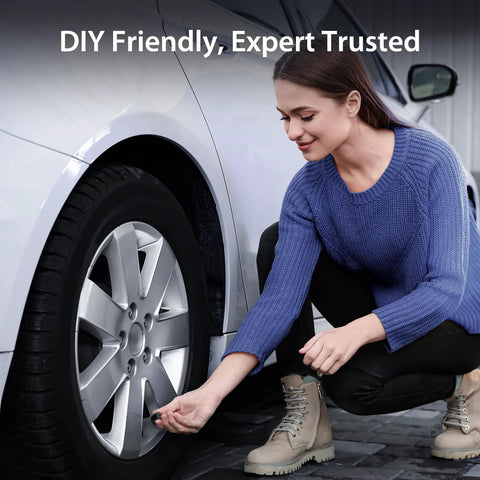 Woman checking tire with TM7 Wireless Tire Pressure Monitoring System With 4 External Sensors And 6 Alarm Modes Colorful Display
