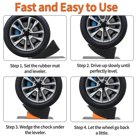 Steps for using Raised Tire Change Ramp And Curved Leveling Blocks For RV And Trailer With Wheel Chock And Rubber Pad