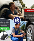 Comparison of before and after tire repair with 60 Pcs Tire Repair Screws, showing man calling for help and repair with quick tool plugs.