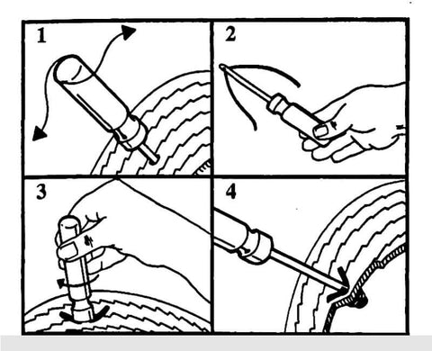 Illustration showing steps to use Tire Repair Kit Bundle With Knife Included And Insertion Tool for flat tire repair