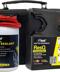 ResQ Tire Repair Kit with 12V Air Compressor and 450ml sealant, in front of a black carrying case.