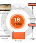 Flat Tire Repair Kit With Plugs 16 Pcs Heavy Duty Tire Plug Kit for cars, motorcycles, with tools, lubricant, and storage bag in orange.