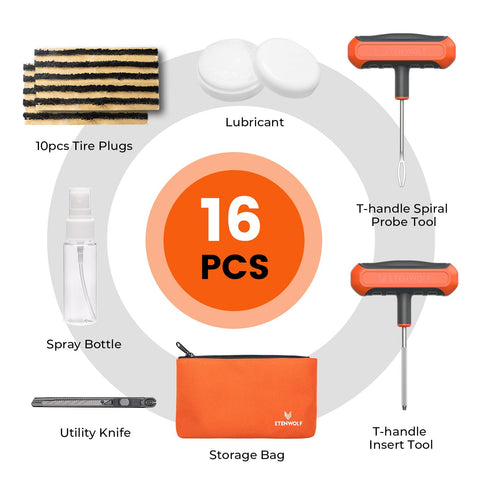 Flat Tire Repair Kit With Plugs 16 Pcs Heavy Duty Tire Plug Kit for cars, motorcycles, with tools, lubricant, and storage bag in orange.