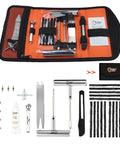 Heavy Duty 25 Piece Tire Repair Kit For Cars And Motorcycles All In One Portable Oxford Tool Bag With Essential Tools And Step By Step Manual Ready To Roll Right Out Of The Bag No Extra Purchases Needed, organized in open case