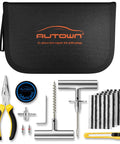 Flat Tire Repair Kit With Plugs 31 Pcs tools including pliers, lubricant, and T-handle tools in black case for various vehicles