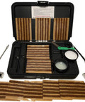 Emergency Tire Repair Kit Tool Set With 57 Pieces In Heavy Duty Case For Motorcycle ATV Jeep Truck And OTR Tires Includes Self Vulcanizing Four Inch Plugs Tire Lube Shop Knife Two Allen Wrenches And Pro Insertion And Probing Tools visible in open case.