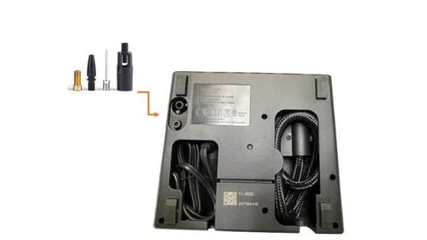 Back view of ResQ Tire Repair Kit with 12V Air Compressor and Cigarette Lighter Plug showing wiring and plug components.