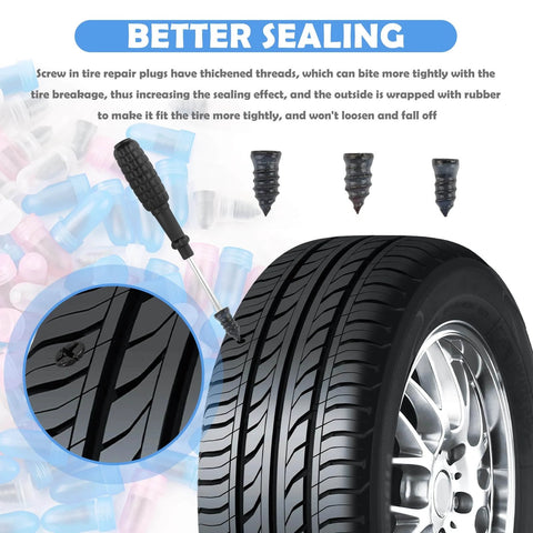 100PCS Tire Repair Kit,Self-Service Tire Screw Plug Repair Kit Includes 3-Size Plugs & Screwdrivers,Professional Screw in Tires Plugs Kits for Quick Repairing Tires Puncture, close-up of tire with inserted screw plug and screwdriver.