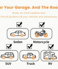 Chart showing compatibility of Heavy Duty 25 Piece Tire Repair Kit For Cars And Motorcycles All In One Portable Oxford Tool Bag with sedan, motorcycle, SUV, truck, RV.