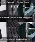 60Pcs Tire Repair Kit With Screw In Plugs And Screwdriver, Emergency Puncture Repair For Car Motorcycle Truck, Fast Self Service Tire Plug Kit, Two Size Nails For Holes 0.1-5mm, showing step-by-step tire repair process with close-up view of plug insertion and secure result.