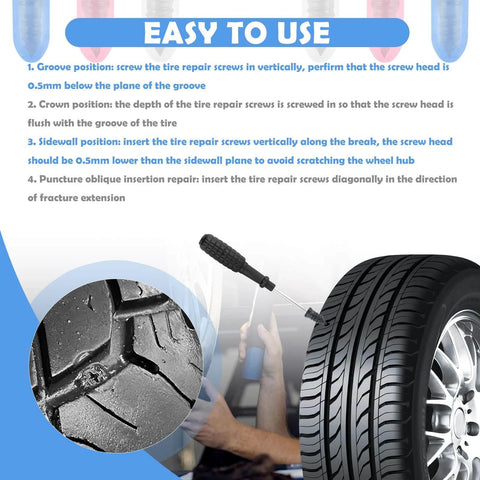 Image showing how to use the 100PCS Tire Repair Kit,Self-Service Tire Screw Plug Repair Kit Includes 3-Size Plugs & Screwdrivers for quick repair of tire punctures.