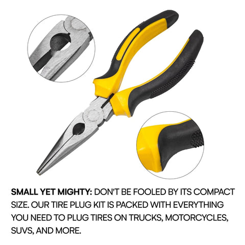 Vehicle tire pliers from Compact Tire Repair Kit With Molle Storage Pouch, Heavy Duty Universal Tire Plug Kit For UTV ATV Truck Motorcycle Overlanding Gear Or RV, Easily Stows For On The Go Emergency Tire Fix.