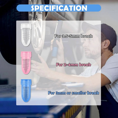 Man using 100PCS Tire Repair Kit, Self-Service Tire Screw Plug Repair Kit Includes 3-Size Plugs & Screwdrivers, chart in background