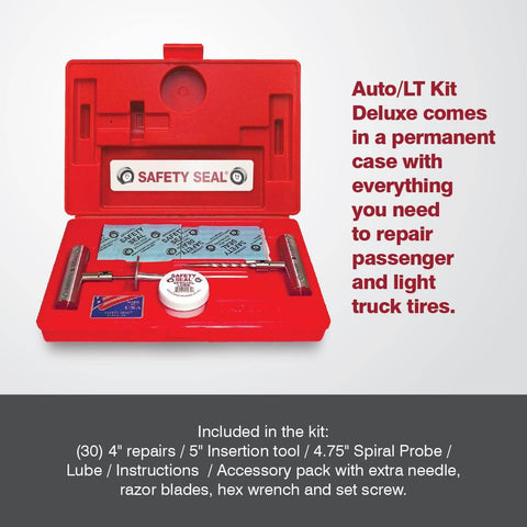 Auto LT Deluxe Pro Grade Repair Kit With 30 Standard 4 Inch Repairs Includes Metal Insertion Tool Extra Insertion Needle T Handle Spiral Probe Wrench And Set Screw Lube And Clear How To Instructions For Fast Safe Sealing Jobs in red case.