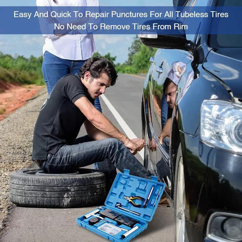 Man repairing car tire on roadside with 68 Piece Heavy Duty Tire Repair Kit With Universal Tools To Fix Punctures And Plug Flats.