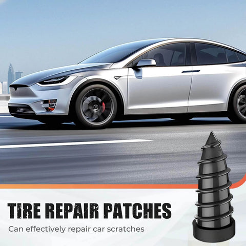 Tire Repair Rubber Nail Kit with 2 Sizes, Screw in Tire Plugs Rubber Screws, image of a car and tire repair screw illustration