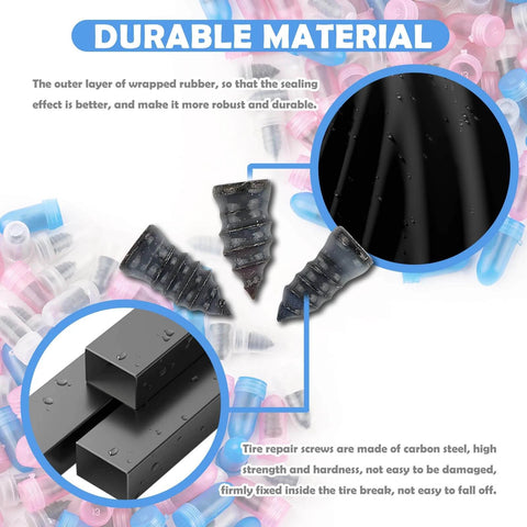 Image showing 100PCS Tire Repair Kit,Self-Service Tire Screw Plug Repair Kit Includes 3-Size Plugs & Screwdrivers,Professional Screw in Tires Plugs Kits for Quick Repairing Tires Puncture with durable rubber and steel materials.