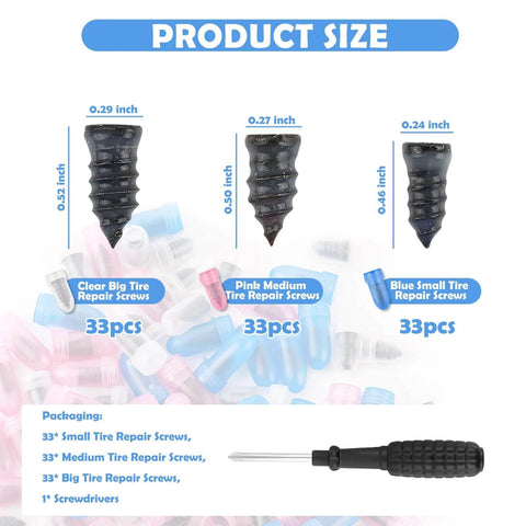 100PCS Tire Repair Kit,Self-Service Tire Screw Plug Repair Kit Includes 3-Size Plugs & Screwdrivers,Professional Screw in Tires Plugs Kits for Quick Repairing Tires Puncture showing different size plugs and screwdriver.