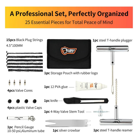 Heavy Duty 25 Piece Tire Repair Kit For Cars And Motorcycles All In One Portable Oxford Tool Bag with tools displayed