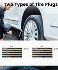 Side view of Flat Tire Repair Kit With Plugs 16 Pcs, showing 0.14in and 0.18in plug sizes, used on a car tire emergency repair.
