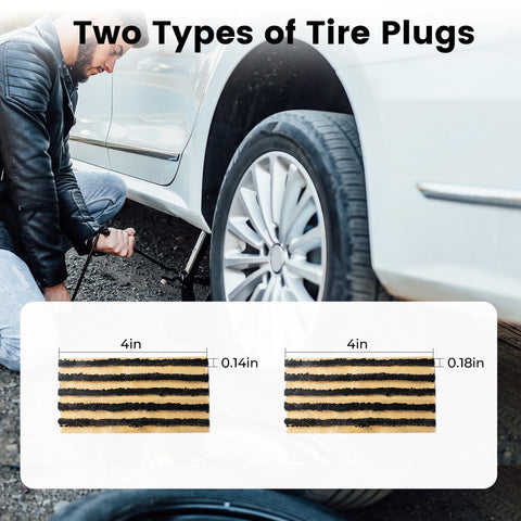 Side view of Flat Tire Repair Kit With Plugs 16 Pcs, showing 0.14in and 0.18in plug sizes, used on a car tire emergency repair.