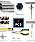 Flat Tire Repair Kit With Plugs 31 Pcs For Car Motorcycle ATV Jeep Truck Tractor with tools, repair plugs, utility knife, and lubricant.