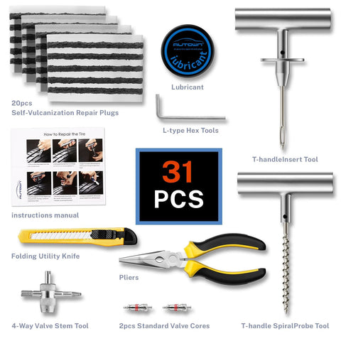 Flat Tire Repair Kit With Plugs 31 Pcs For Car Motorcycle ATV Jeep Truck Tractor with tools, repair plugs, utility knife, and lubricant.