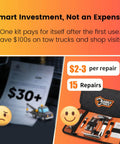 Heavy Duty 25 Piece Tire Repair Kit For Cars And Motorcycles All In One Portable Oxford Tool Bag With Essential Tools And Step By Step Manual Ready To Roll Right Out Of The Bag No Extra Purchases Needed, shown with tools in bag and repair cost comparison