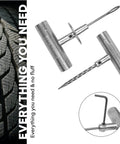 Compact Tire Repair Kit With Molle Storage Pouch, Heavy Duty Universal Tire Plug Kit For UTV ATV Truck Motorcycle Overlanding Gear Or RV showing tire plug tools and a tire tread.