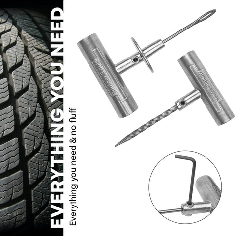 Compact Tire Repair Kit With Molle Storage Pouch, Heavy Duty Universal Tire Plug Kit For UTV ATV Truck Motorcycle Overlanding Gear Or RV showing tire plug tools and a tire tread.