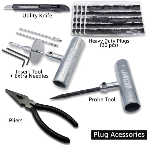 Heavy Duty Tire Repair Kit TRX 50 Universal Plug Kit tools including utility knife, plugs, insert and probe tools, and pliers