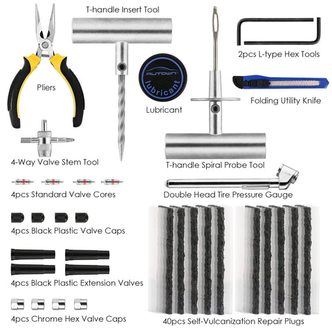 68 Piece Heavy Duty Tire Repair Kit With Universal Tools to fix punctures and plug flats, includes pliers, T-handle tools, patches.
