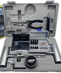 Heavy Duty Tire Repair Kit TRX 50 Universal Plug Kit For Cars Trucks Motorcycles Trailers And UTVs 50 Piece Emergency Roadside Set For Quick Puncture Patches On The Go Tire Fix Ready To Roll Patch Kit in a grey case with tools and plugs displayed.
