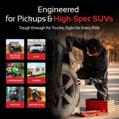 Person repairing SUV tire using Heavy Duty Tire Plug Kit With 68 Piece All In One Universal Tire Repair Set For Tubeless Flats.