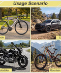 Usage scenario collage featuring a bicycle, car, motorbike, and mountain bike for the 100 Piece Tire Repair Kit With 50 Small And 50 Large Self Tapping Screws And A Professional Screwdriver For Cars Motorcycles And Trucks Roadside Emergency Flat Tire Fix Quick On The Road Repair Fully Organized Pack.