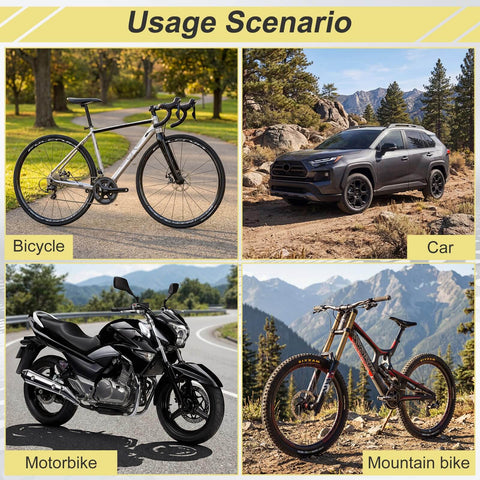 Usage scenario collage featuring a bicycle, car, motorbike, and mountain bike for the 100 Piece Tire Repair Kit With 50 Small And 50 Large Self Tapping Screws And A Professional Screwdriver For Cars Motorcycles And Trucks Roadside Emergency Flat Tire Fix Quick On The Road Repair Fully Organized Pack.