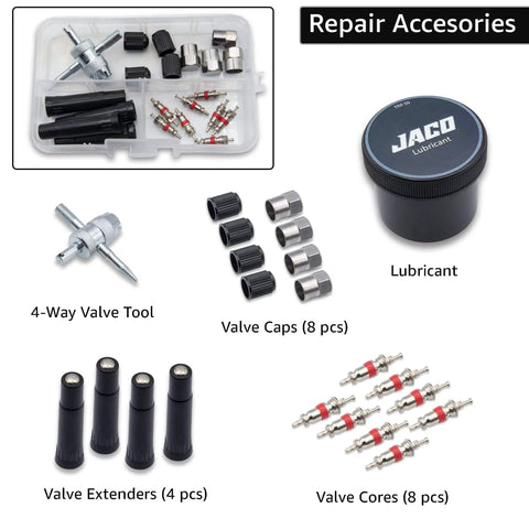 Heavy Duty Tire Repair Kit TRX 50 Universal Plug Kit valve tools, caps, extenders, lubricant, cores visible.