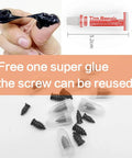 Tire Repair Nail Self-Tapping Screw Kit with glue, shown with black sealing glue and eight screws for easy puncture repair.