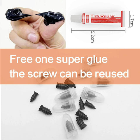 Tire Repair Nail Self-Tapping Screw Kit with glue, shown with black sealing glue and eight screws for easy puncture repair.